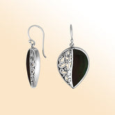 Teardrop silver earrings featuring Black Shell and ornate Bali scroll detailing.